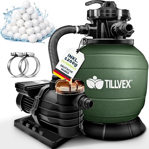 tillvex® Sandfilteranlage Pool 13.200L/h bis 40.000L + 1200g Filterbälle | Filteranlage 7-Wege Ventil & 2in1 Adapter Ø32-38mm | Poolfilter Selbstansaugend | Sandfilter Schwimmbecken (Grün)