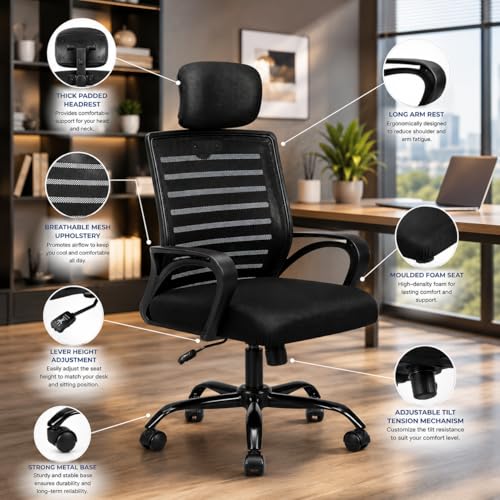 Image of HIGHLIVING Ergonomic Office Chair | Adjustable Headrest | 120 Tilt | Breathable Mesh Back | Moulded Foam Seat | Class 4 Gas Lift | Metal Base | High Back Computer Chair for Home & Office