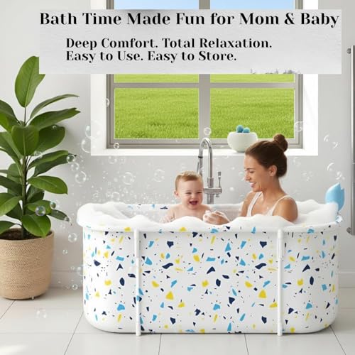 Image of Lexara Portable Folding Bathtub for Bathroom - Large Freestanding Soaking Tub with Thick Insulated, Ice & Hot Spa Tub, Collapsible Cold Plunge Therapy, Muscle Recovery Tub (Terrazzo Bathtub)