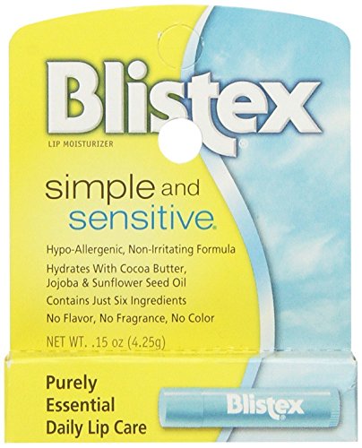 Blistex Simple and Sensitive Lip Moisturizer, Hypo-Allergenic with Cocoa & Shea Butter, No Flavor or Fragrance, 0.15 oz (Pack of 5)