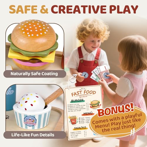 Airlab Kinderküche Spielküche Zubehör aus Holz, Küchenspielzeug Hamburger Fast Food Set Holz Lebensmittel Spielzeug mit Deutscher Speisekarte, Kaufladen Zubehör, Pädagogisches Rollenspiel Geschenk