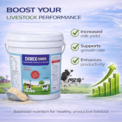 Image of Dimix Mineral Mixture Powder Bucket Pack | Essential Minerals for Cattle, Buffalo, Goat & Poultry | Boosts Milk Yield, Fertility & Immunity (20kg)