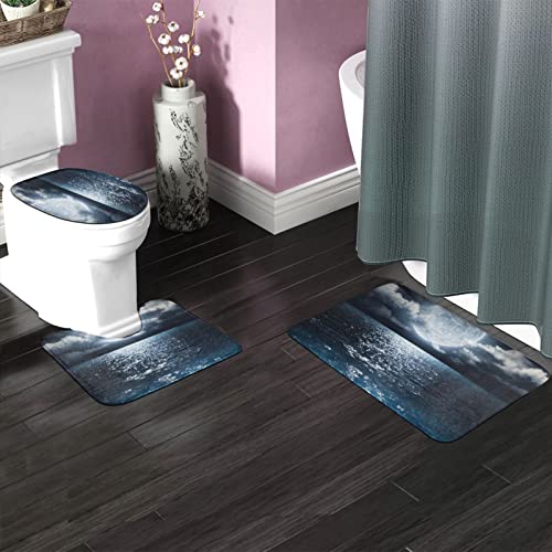 DIRYKILP Badematte + Konturmatte + Toilettendeckelbezug, Ozean und Mond 3 Stück Badematte Set, mit rutschfester Klebeunterseite – Bild 3
