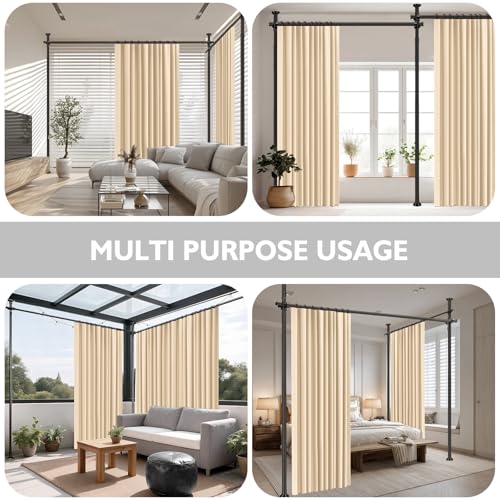 Image of Room Divider Curtain Set-No Drilling Curtain Rod Set, Retractable Room Divider, Adjustable for Office Bedroom, Easy Install Beige-100 W x 96 inch L(Pack of 2)