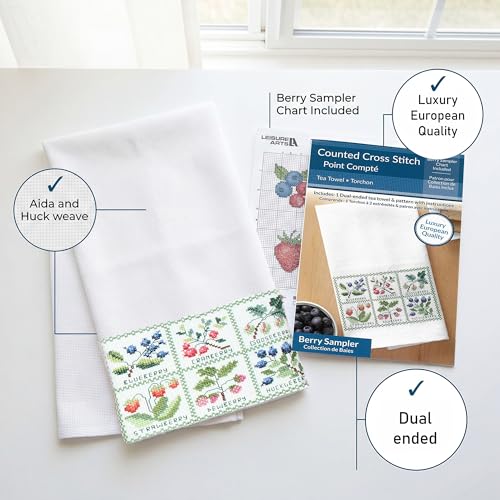 Image of LEISURE ARTS Dual Ended Huck and Aida Tea Towel Cross Stitch Kit, Berry Sampler, Cotton Towel, with Swedish Weave and Cross Stitch Panels