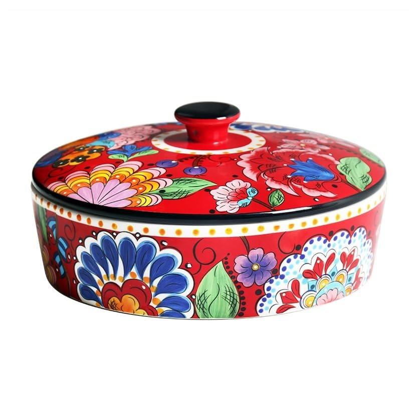 Żywa czerwona ceramiczna miska z pokrywką w kwiaty - 1,5 l/50 oz dekoracyjna misa do serwowania sałatek, zup, owoców i makaronu - ręcznie malowany styl, dekoracja kuchni