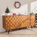Bme Sideboard Georgina Solid Wood 2 Doors & 3 Drawers, 61'' Mid Century Modern Cabinet with Geometric Pattern for Kitchen, Dining, Living Room, Teak Brown