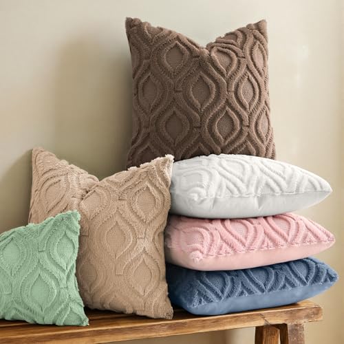Image of decorUhome Fall Throw Pillow Covers 20x20 Inch Set of 2, Soft Plush Faux Wool Brown Solid Couch Pillow Covers, Accent Farmhouse Neutral Square Pillow Cases for Sofa Bed Living Room