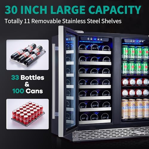 Image of Wine and Beverage Refrigerator, Freestanding Wine Cooler Refrigerator w / 18 Bottles and 70 Cans Capacity, Dual-Zone Wine Fridge