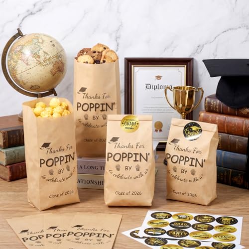 Image of AmazingSpark 100 Pcs Class of 2026 Graduation Popcorn Bags with Stickers Thanks for Popping by Popcorn Bags to Celebrate Smile Style Grease Resistant Paper Individual Servings for Party Favors (Brown)