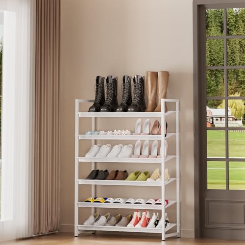 Image of Metal Shoe Rack, 6-Tier Shoe Organizer for Entryway, Tall Shoes Stand with Angled Shelves, Holds 18-24 Pairs, Large Shoe Storage Shelf for Closet Garage Bedroom, White