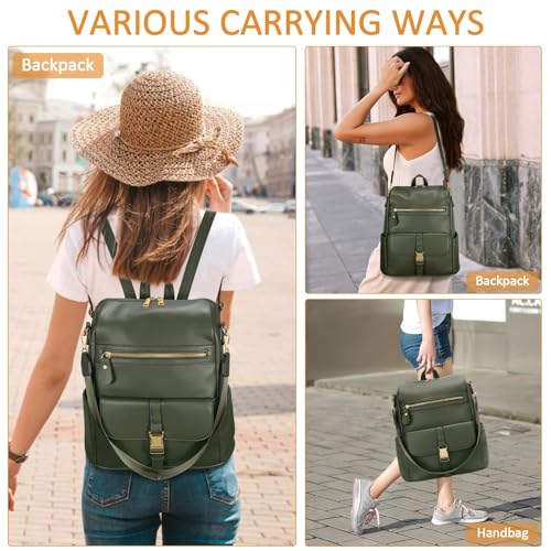 Image of KKXIU Backpack Purse for Women - PU Leather Ladies Backpack for Daily with Anti-Theft Lock Pocket, Small Daypack with Luggage Strap & Water Bottle Pockets (Green)