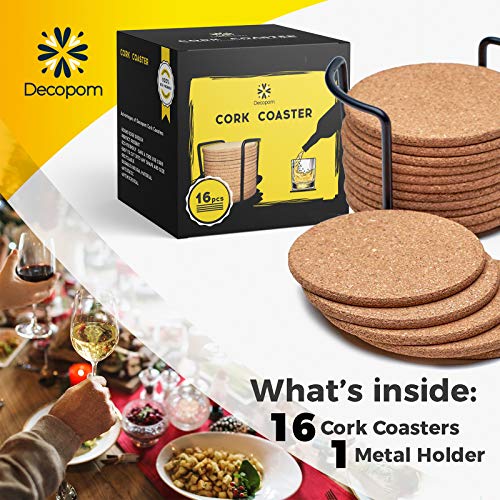 Cork Coasters For Drinks With Metal Holder - 16 Pcs Round 4 Inch Drink Coaster Thick Absorbent Heat-Resistant Saucer - Used For Cold Hot Beverages Glasses Mugs Cups Plants Apartment Decor Bar Table #TOP1