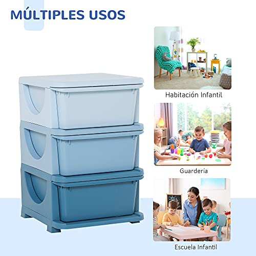 Miniatura 6 de Homcom Torre De Almacenamiento Infantil Con 3 Cajones, Organizador De Juguetes Para Niños De 3 Años, Con Bordes Redondeados Y Asas, Para Guardería, Sala De Juegos, Dormitorio, 37x37x56,5 Cm, Azul