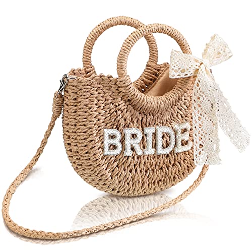 Pinkunn Bride Gift Bride Straw Purse Mrs Handwoven Bag Rhinestone Letter Bag Bachelorette Honeymoon Wedding Bridal Shower