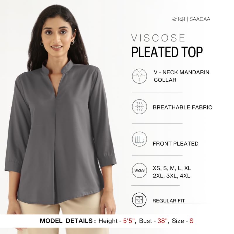 Image of SAADAA Top for Women, Viscose Pleated Tops, V-Neck with a Collar, 3 /4 Sleeve Length, Office & Casual Wear