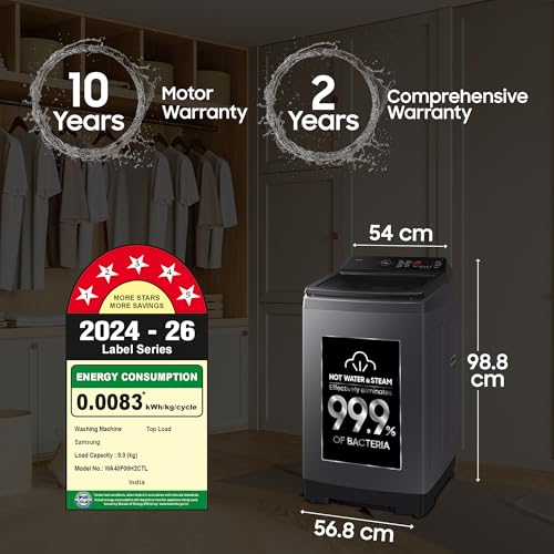 Image of Samsung 8 Kg, 5 Star, Hygiene Steam, Ecobubble, Quick Wash, Soft Closing Door, Digital Inverter, Fully-Automatic Top Load Washing Machine (WA40F08H2CTL, In-Built Heater, Stainwash, Deep Charcoal)