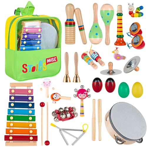 Stoie’s Set de Instrumentos Musicales para Niños – 34 Instrumentos de percusión de Madera para niños de 1 a 3 años, xilófono, pandereta, Maracas, Juguetes Musicales para niños de 3 a 5 años