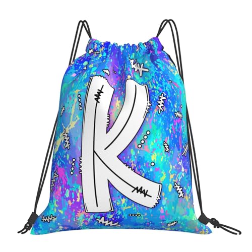 Drawstring Backpack Bag Sport Gym Sackpack Initial Blue Draw String Cinch Bags Bulk String Backpack Storage Bag for Women Men Letters K