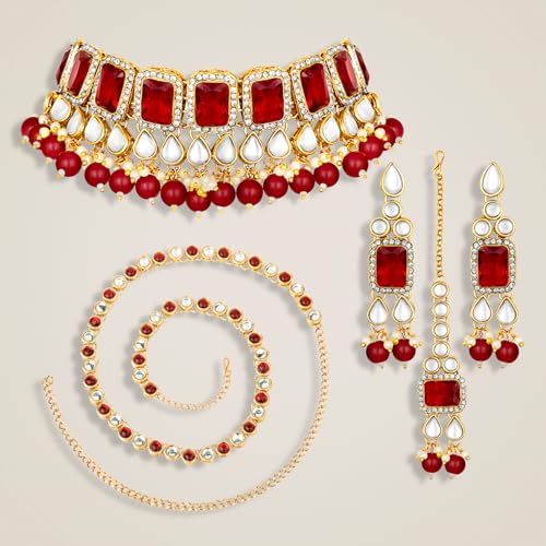 Image of Peora Crystal Faux Pearl Kundan Necklace & Jewellery Set Gift for Women