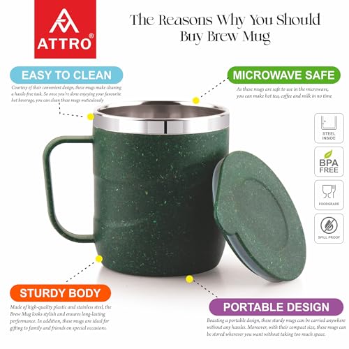 Image of ATTRO Brew Mug - Stainless Steel Inner with eco Friendly Outer Body Durable Stylish, Microwave Safe Coffee /Tea Mug with Handle & Lid, Ideal for Home, Office, Travel & Gifting-300ml-Miltary Green
