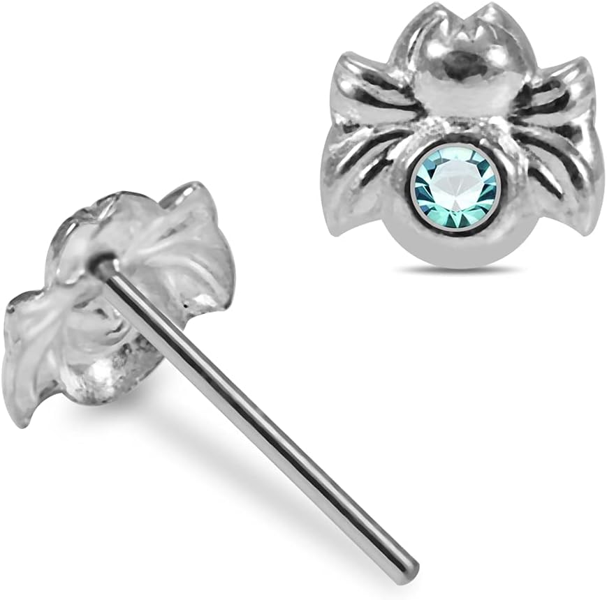 Crystal Stone Spider Design 22 Gauge 925 Sterling Silver Straight Nose Pin - Nose Stud - Tiny Nose Ring - Nose Piercing Body Jewelry