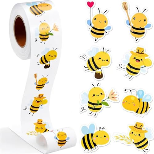 500x Bienen-Stickerrolle – Belohnungssticker Süße Bienen-Motive – Wiederverwendbare & wasserfeste Aufkleber für Schule, Party & DIY-Deko
