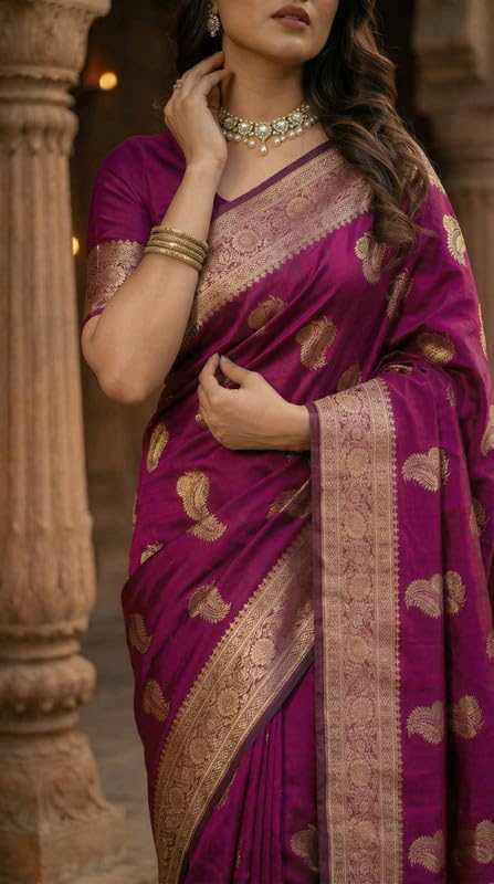 Image of C J Enterprise Women's Pure Soft Silk Saree With Blouse Piece For Wedding (KeriLichi)