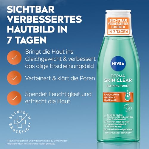 NIVEA Derma Skin Clear Refining Toner, porenverfeinerndes Gesichtswasser für ein sichtbar verbessertes Hautbild, Gesichtsreinigung mit Salicylsäure & Niacinamid (200 ml) – Bild 3