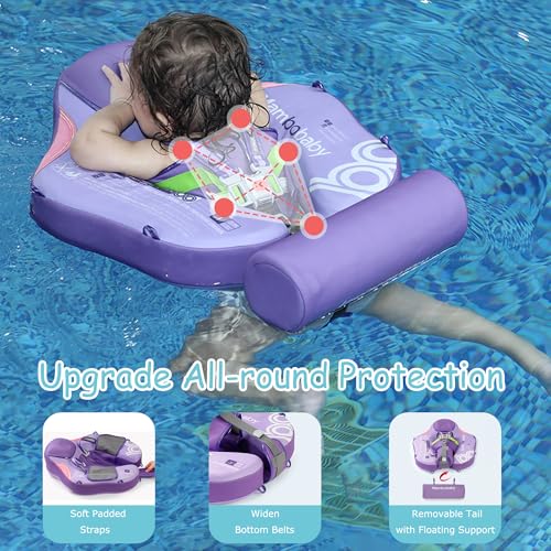 Image of Mambobaby Float Baby Float with Canopy & Tail Non-Inflatable Infant Pool Floats Adjustable Safety Strap Toddler Swim Trainer (Purple)