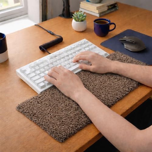 Image of Soft Plush Keyboard Carpet Wrist Rest Pad - Fluffy Ergonomic Wrist Support & Desk Nap Pillow for Computer, Laptop, Office Work & Gaming - Fuzzy Shag Desk Rug Cushion (45 x 15 cm) - Beige