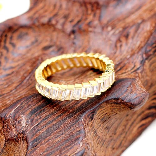 Uloveido Platinum Plated Rectangular Cut Cubic Zirconia Pave Eternity Band Ring for Women Y17903