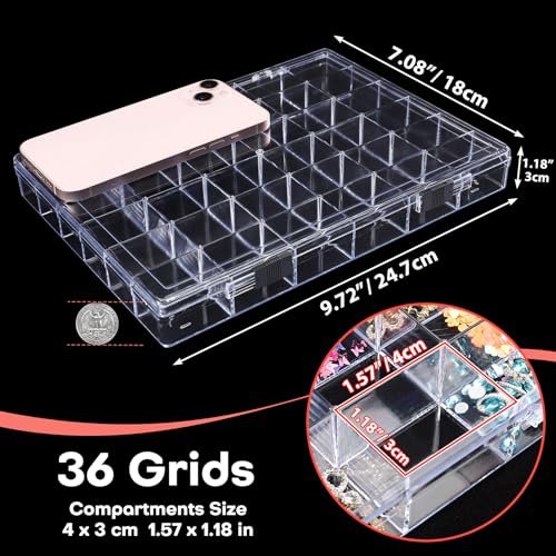 Image of Noverlife 36 Grids Clear Plastic Jewelry Organizer Box, Nail Charm Holder Double Buckle Bead Organizer Storage Container Box, Empty Nail Box Organizer Earring Display Case Acrylic Bead Box for Women