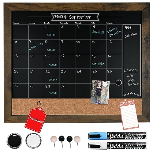 Loddie Doddie Chalkboard Calendar Bulletin Combo 18 x 24 Rustic Frame with Chalk Markers Push Pins Magnets Blackboard Kitchen Wall Calendar Organizer