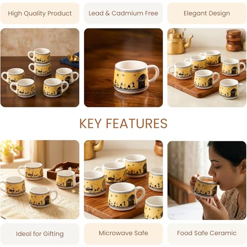 Image of The Earth Store Yellow Warli Art Ceramic Tea Cup Set of 6 for Tea | 140ML Each | Microwave & Dishwasher Safe | Perfect for Every Occasion Chai | Coffee Cups for Home, Office, Gifting & Daily Use