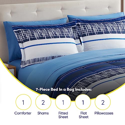 Sweet Home Collection 7 Piece Comforter Set Bag Solid Color All Season Soft Down Alternative Blanket & Luxurious Microfiber Bed Sheets, Mediterranean, Queen