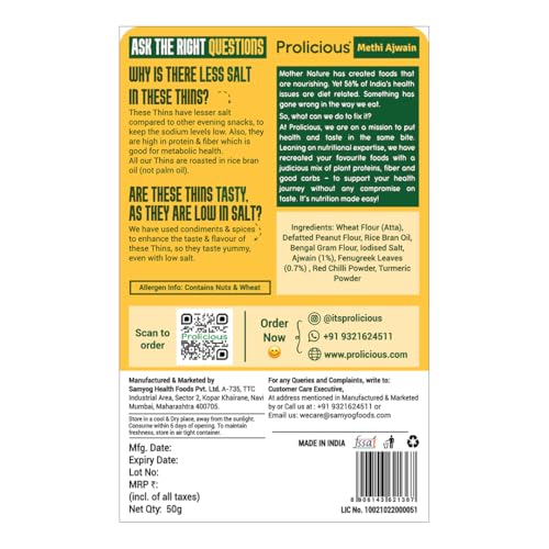 Image of Prolicious High Protein High Fiber Methi Ajwain Thins| No Plam Oil |Low Salt | Ideal for weightloss & PCOS | Healthy Snack | Single Pack 50g