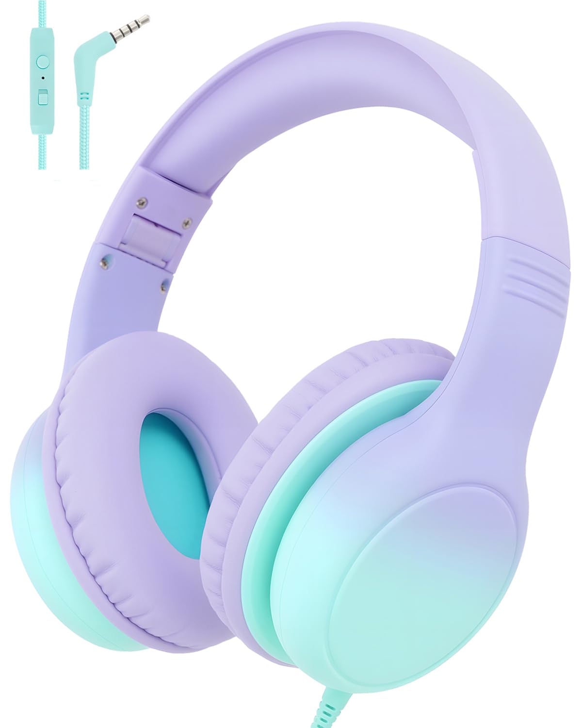 Over Ear Kids Headphones with HD Mic, Safe Volume Limited Wired Headphones for School, Travel, Stereo Sound Headphones with Cord, Foldable 3.5mm Headphones for iPad, Laptop, PC, Purple-Green