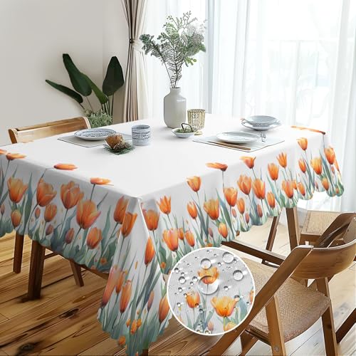 Orange Tulip Wipe Clean Rectangular Floral Waterproof Tablecloth - 110x140cm, Washable Dining Table Cover for Kitchen, Garden, Picnic, Party