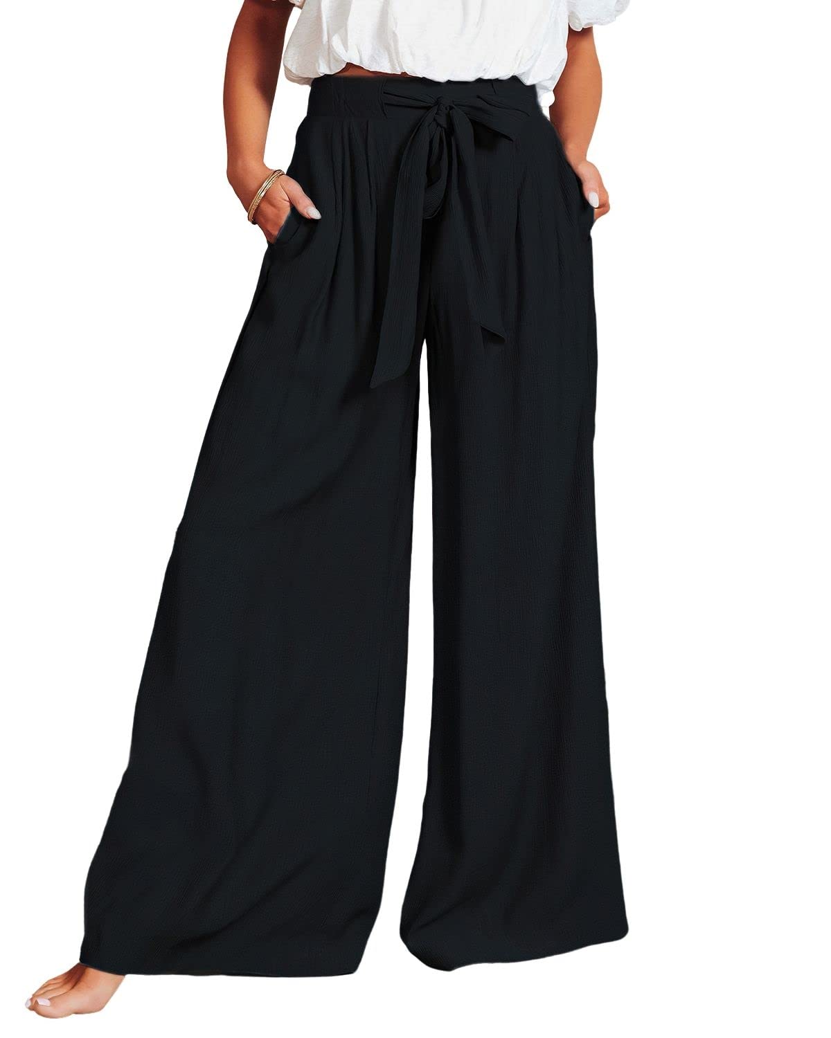 ebossy Womens Elastic High Waist Drawstring Loose Floor Length Wide Leg Casual Pants with Pockets
