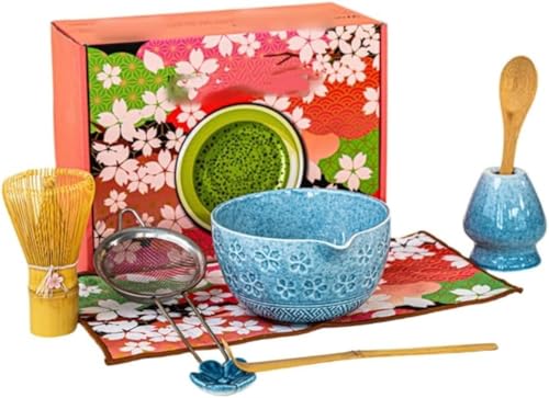 Jirrtco 茶道具 茶せん 茶筅 竹製 泡立て器 茶道 伝統的工芸品 抹茶泡立て器セット、セラミック抹茶セットには、 抹茶愛好家のための お手入れも簡単 敬老の日 父の日 母の日 クリスマス 新年 誕生日 ギフト プレゼント (E,8点セットです)