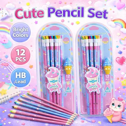 Image of 24 Pcs HB Pencils Set with Cute Ice Cream Erasers - Cartoon Theme Colourful School Pencils for Girls, Boys, Kids, Drawing, Homework, Birthday Return Gifts, Stationery Kit