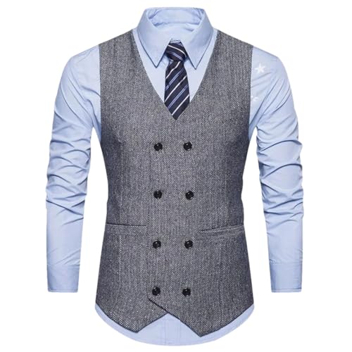 Men’S Herringbone Waistcoat Double Breasted Slim Fit Formal Vest For Gentleman Party Dress Wear