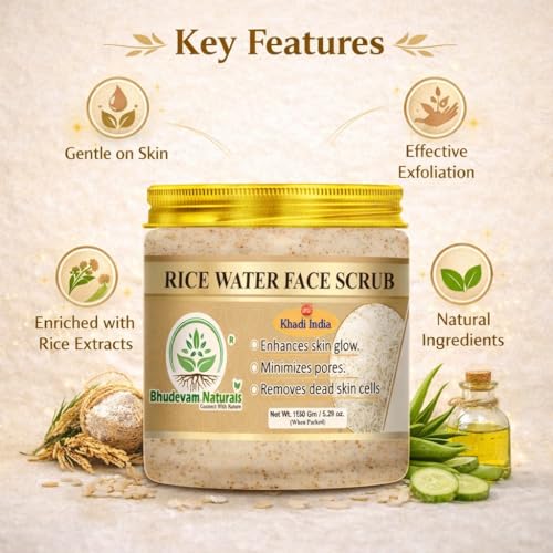 Image of Khadi Rice Water Face Scrub with Natural Exfoliating Beads | Brightening & Hydrating Scrub for Glowing Skin | Gentle Exfoliation, Deep Cleansing | For All Skin Types - 150GM