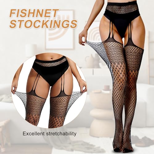 Image of Chalier Fishnet Stockings Lace Tights Thigh High Stockings for Women | Soft Elastic Blend, High Waisted, Suspender Pantyhose, Snug Body Hug, Classic Pattern, Skirt Shorts Match, Party Night Wear