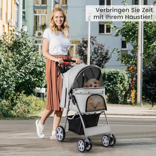 COSTWAY Hundewagen Haustiere Buggy, bis 15 kg, Hundebuggy mit Netzfenstern & Getränkehalter & Korb & Sonnenschutz, Faltbarer Katzenwagen, Katzenbuggy für kleine Hunde Katzen (Grau)