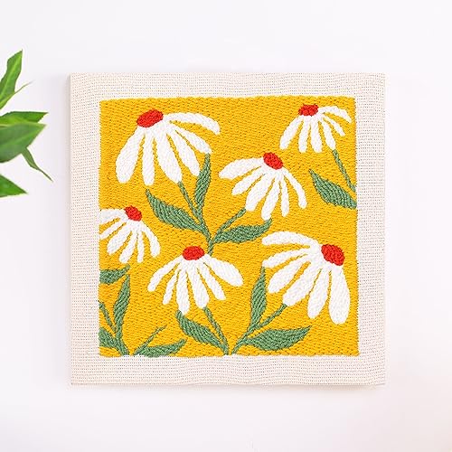 Image of Embroidery Punch Needle kit Frame, Embroidery Starter Kits for Beginner Kids,Punch Needle Fabric with Pattern,Threader, Yarns,Embroidery Hoops & Rug Punch (Yellow)