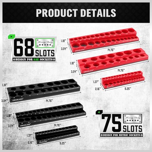 Image of 6-piece Magnetic Socket Organizer Set, Metric & SAE Drive Socket Holder, Includes 1 /4 inch, 3 /8 inch, 1 /2 inch, Holds 143 Pieces Magnetic Trays Red Black