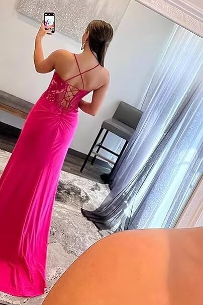 Women's Sweetheart Prom Dresses with Slit Mermaid Spaghetti Straps Lace Satin Formal Gowns3