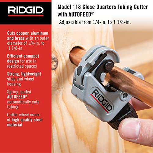 Image of RIDGID 86127 Model 118 Close Quarters AUTOFEED 1 /4 inch to 1-1 /8 inch Copper, Aluminum, Brass, and Plastic Tubing Cutter